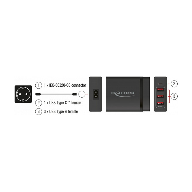 DeLOCK Cargador USB 60 W con 1 Puerto USB-C PD 3.0 y 3 Puertos USB-A para Carga Rápida