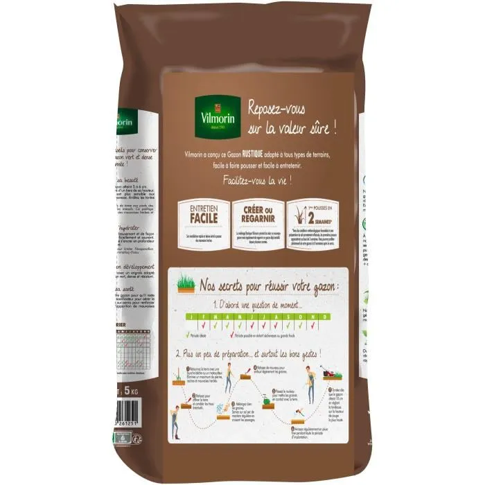 Vilmorin Semillas de Césped Rústico VIL3182670261251 Bolsa 5KG - Perenne, Densa, Robusta y Atractiva