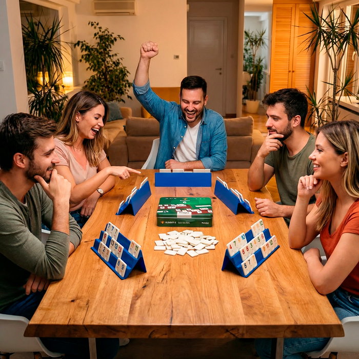 Deqube Rummy D00346 - Juego de Cartas para 6 Jugadores con Caja Metálica - Edición Ampliada - Idioma English, Portugués, Español