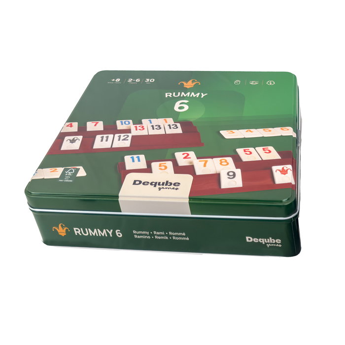 Deqube Rummy D00346 - Juego de Cartas para 6 Jugadores con Caja Metálica - Edición Ampliada - Idioma English, Portugués, Español