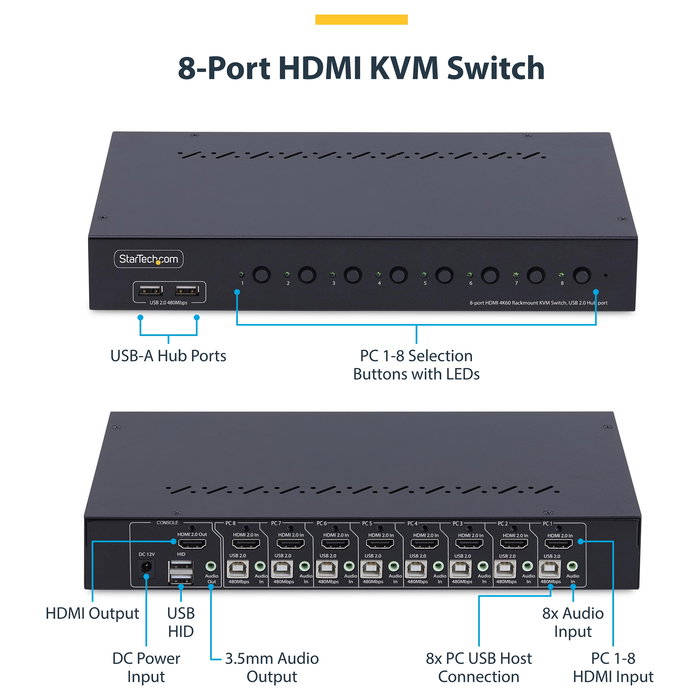StarTech Conmutador KVM HDMI de 8 Puertos con Montaje en Rack 1U - Switch 4K Ultra HD a 60Hz, HDMI 2.0, Control para 8 Ordenadores, USB Hub, TAA
