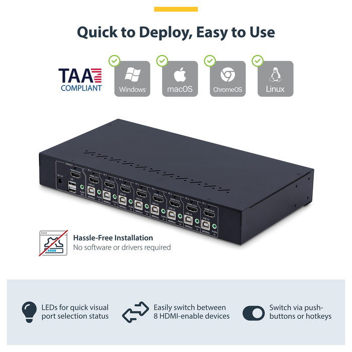 StarTech Conmutador KVM HDMI de 8 Puertos con Montaje en Rack 1U - Switch 4K Ultra HD a 60Hz, HDMI 2.0, Control para 8 Ordenadores, USB Hub, TAA