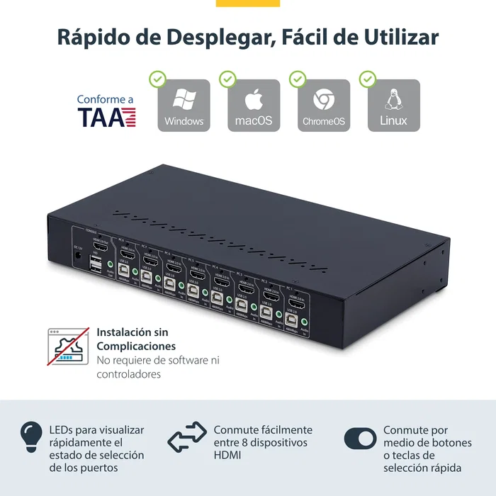 StarTech.com Switch KVM de 8 Puertos HDMI 4K 60Hz con Kit de Montaje 1U StarTech.com Switch KVM de 8 Puertos HDMI 4K 60Hz con Kit de Montaje 1U
