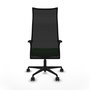 Sillón Albacete con mecanismo Sincro tapizada con Tela color Verde y malla color Negro. Equipado con Base nailon negra, Brazos 1D y Ruedas 65mm nailon