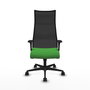 Sillón Albacete con mecanismo Sincro tapizada con Tela color Verde y malla color Negro. Equipado con Base nailon negra, Brazos 1D y Ruedas 65mm nailon
