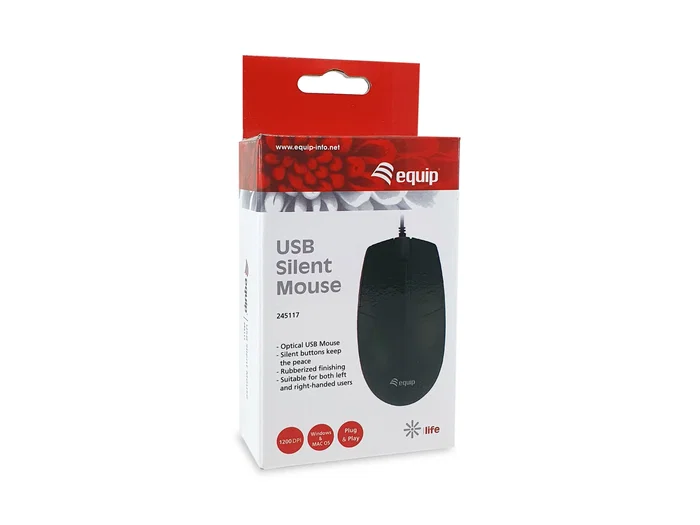 Equip 245117 Ratón Óptico USB A Oficina, Ambidiestro, 1200 DPI, Cable 1.5 m, Negro, Compatible con Windows, Mac, ChromeOS, para Zurdos y Diestros