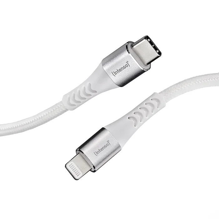 Intenso Cable USB-C a Lightning 1.5M/7902002, 1.5 m Blanco para iPhone, Carga Rápida USB PD 3.0 27W, Conectores Macho, Forro Nylon
