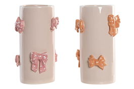 DKD Home Decor Jarron Shabby Blanco Rosa Melocoton Ceramica Lazos 13 x 22 x 13 cm (4 Unidades)