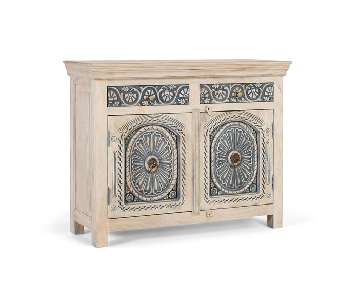 Giner y Colomer Aparador Tallado Artesanalmente con 2 Cajones y 2 Puertas en Madera de Mango Blanco y Azul