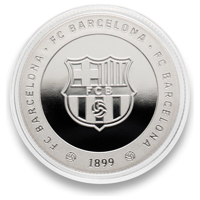 FC Barcelona Moneda Oficial Més que un Club - Colección Acabado Plata en Cápsula Acrílica Ø 4 cm, Sin Valor Facial
