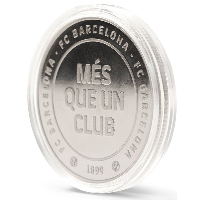 FC Barcelona Moneda Oficial Més que un Club - Colección Acabado Plata en Cápsula Acrílica Ø 4 cm, Sin Valor Facial