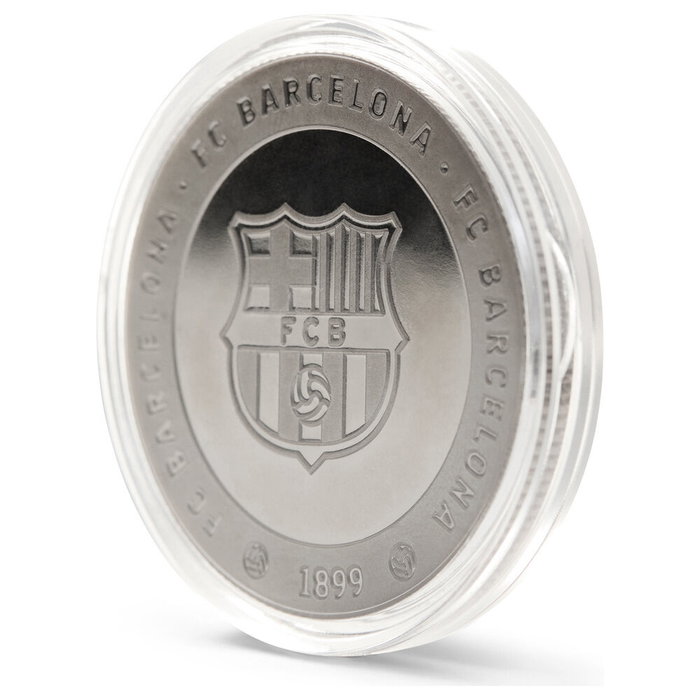 FC Barcelona Moneda Oficial Més que un Club - Colección Acabado Plata en Cápsula Acrílica Ø 4 cm, Sin Valor Facial