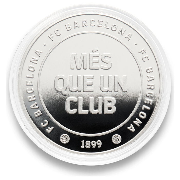 FC Barcelona Moneda Oficial Més que un Club - Colección Acabado Plata en Cápsula Acrílica Ø 4 cm, Sin Valor Facial