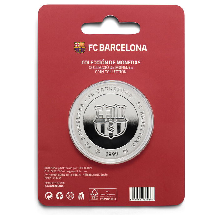 FC Barcelona Moneda Oficial Més que un Club - Colección Acabado Plata en Cápsula Acrílica Ø 4 cm, Sin Valor Facial