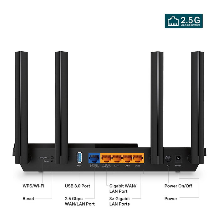 TP-Link Archer AX55 Pro AX3000 Dual-Band Wi-Fi 6 Router, 4 Antenas, 5 Puertos Gigabit LAN, Puerto USB 3.2, Negro