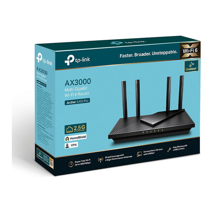 TP-Link Archer AX55 Pro AX3000 Dual-Band Wi-Fi 6 Router, 4 Antenas, 5 Puertos Gigabit LAN, Puerto USB 3.2, Negro