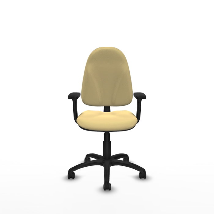 Silla de oficina Algarra con mecanismo Contacto permanente básico tapizada con Similpiel color Crema. Equipada con Base poliamida negra, Brazos 2D y Ruedas de parqué
