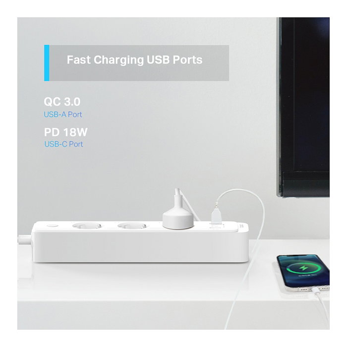 TP-Link Tapo P300 Regleta Inteligente con 3 Salidas AC y USB Blanco TP-Link Tapo P300 Regleta Inteligente con 3 Salidas AC y USB Blanco