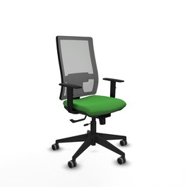 Silla de oficina Horna con mecanismo Sincro/Traslack tapizada con Tela color Verde y malla color Gris. Equipada con lumbar 1D, Brazos 1D y Ruedas 65 mm parqué