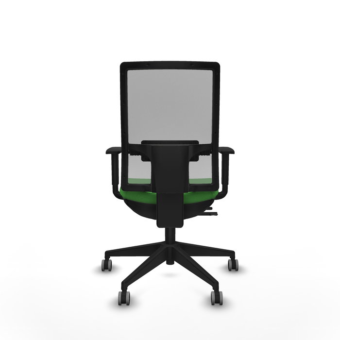 Silla de oficina Horna con mecanismo Sincro/Traslack tapizada con Tela color Verde y malla color Gris. Equipada con lumbar 1D, Brazos 1D y Ruedas 65 mm parqué