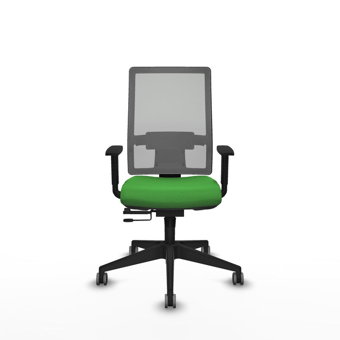 Silla de oficina Horna con mecanismo Sincro/Traslack tapizada con Tela color Verde y malla color Gris. Equipada con lumbar 1D, Brazos 1D y Ruedas 65 mm parqué