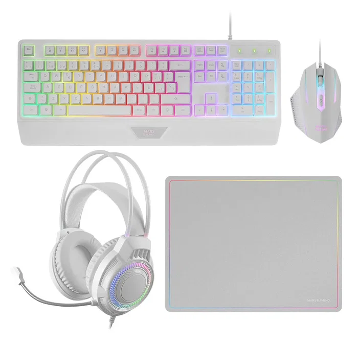 Mars Gaming MCP124PRO Combo Gaming 4en1 con Teclado H-Mech RGB en Español, Ratón de 3200 DPI, Auriculares FRGB y Alfombrilla Nanotextil - Blanco