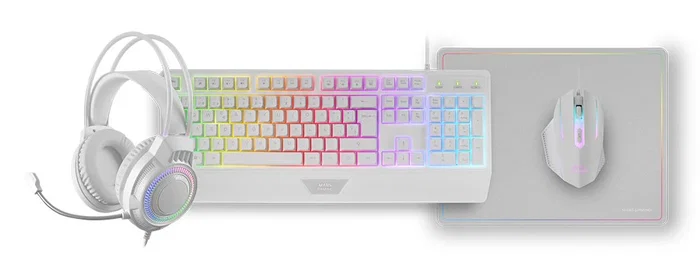 Mars Gaming MCP124PRO Combo Gaming 4en1 con Teclado H-Mech RGB en Español, Ratón de 3200 DPI, Auriculares FRGB y Alfombrilla Nanotextil - Blanco