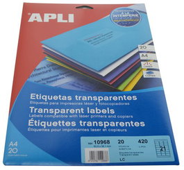 Etiquetas Adh.Impr.Apli A4 Polyester Transluc.Mate Ls-Cp Blister 20H 63,5X38,1 Mm C.Romos 420 Uds.(10968)