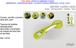 LIFESTYLE Abridor 4 Usos Abrebotellas, Descapasulador y Levantador de Chapas