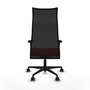 Sillón Albacete con mecanismo Sincro tapizada con Tela color Naranja oscuro y malla color Negro. Equipado con Base nailon negra, Brazos 1D y Ruedas 65mm nailon