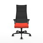 Sillón Albacete con mecanismo Sincro tapizada con Tela color Naranja oscuro y malla color Negro. Equipado con Base nailon negra, Brazos 1D y Ruedas 65mm nailon