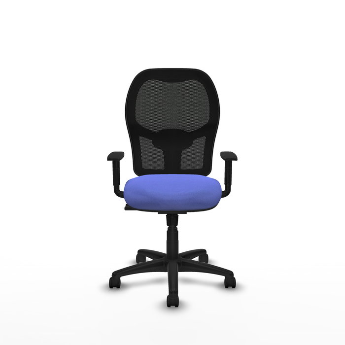 Silla de oficina Alocén con mecanismo Sincro tapizada con Tela color Azul claro y malla color Negro. Equipada con lumbar 1D, Brazos 1D y Ruedas de nailon 50 mm