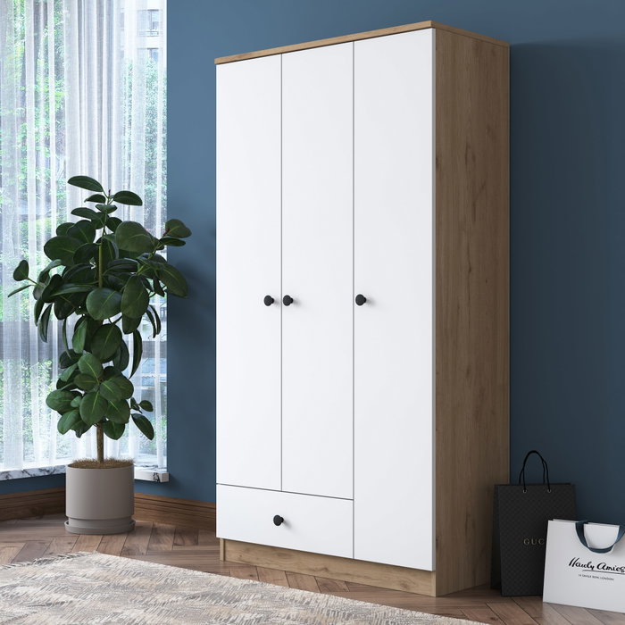 Hanah Home BA117 - 2253 Armario de estilo escandinavo en nogal y blanco 90x170cm