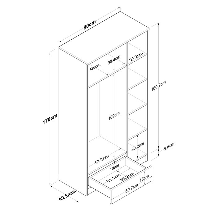 Hanah Home BA117 - 2253 Armario de estilo escandinavo en nogal y blanco 90x170cm