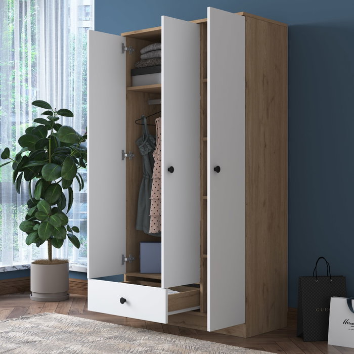 Hanah Home BA117 - 2253 Armario de estilo escandinavo en nogal y blanco 90x170cm