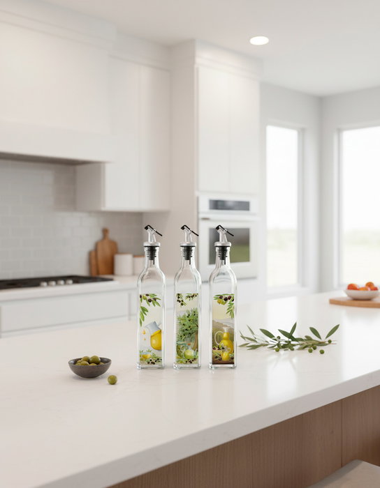 Inde - Aceitera de Vidrio 500 ml con Tapon ABS, La Mediterranea, Dimensiones 5.5x5.4x30.5 cm (24 Unidades)