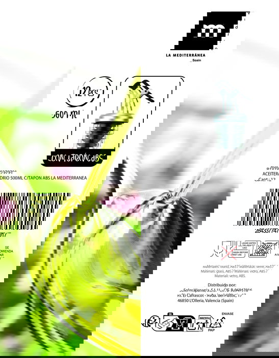 Inde - Aceitera de Vidrio 500 ml con Tapon ABS, La Mediterranea, Dimensiones 5.5x5.4x30.5 cm (24 Unidades)