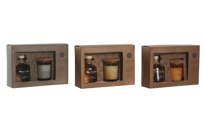 DKD Home Decor Set de Ambientador Mikado de Cristal y Vela Tropical