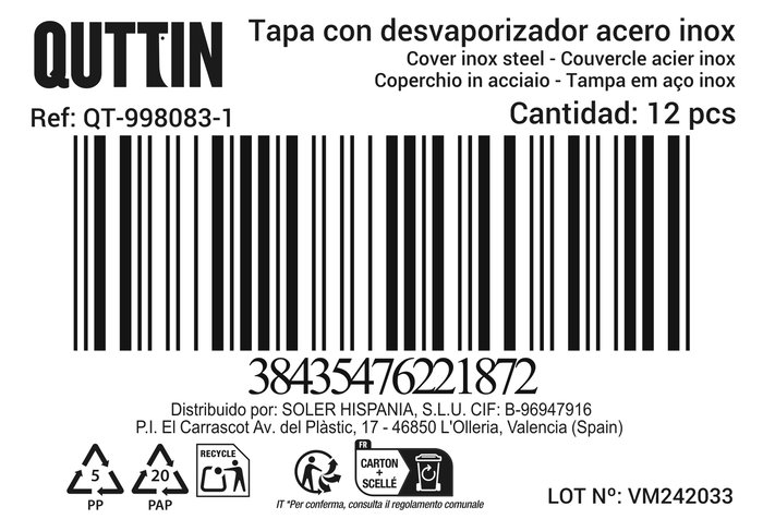 Quttin Tapa Acero Inoxidable para Sartén 28 cm, 30 cm, 32 cm (12 Unidades)