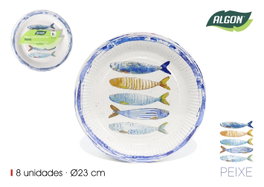 Inde Set de 24 Platos de Cartón Redondos Pez 23 cm