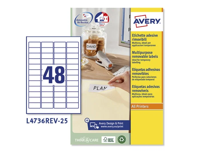 Avery Etiqueta Adhesiva Blanca Removible para Laser Ink-jet Fotocopiadora 45,7x21,2 mm Caja de 1200 Unidades