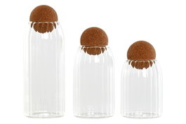 DKD Home Decor Bote Transparente Borosilicato y Corcho Set de 3 Piezas 8.8 x 23.5 x 8.8 cm