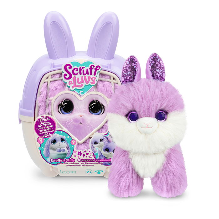 MOOSE Scruffa Luvs Bunnies 30331 - 3 Peluches Conejos para Rescatar y Lavar, Colores Morados con Detalles en Orejas, Juguete en Español para Niños +2 Años