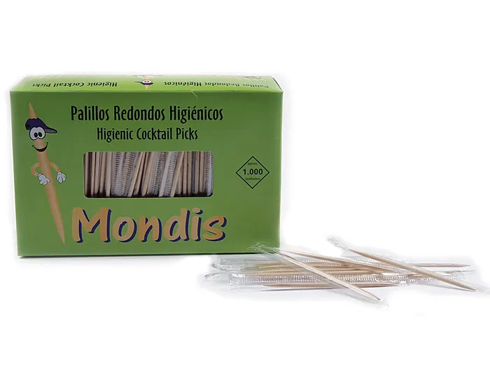 Blanca Palillos de Dientes Enfundados Individualmente en Celofán, Caja de 1000 Unidades, Madera, Higiénicos, Forma Redonda, Paquete 55x135x85 mm