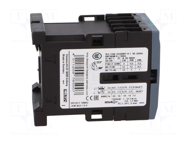 SIEMENS 3RT2017-1BB42 Contactor 3-polar 12A 24VDC