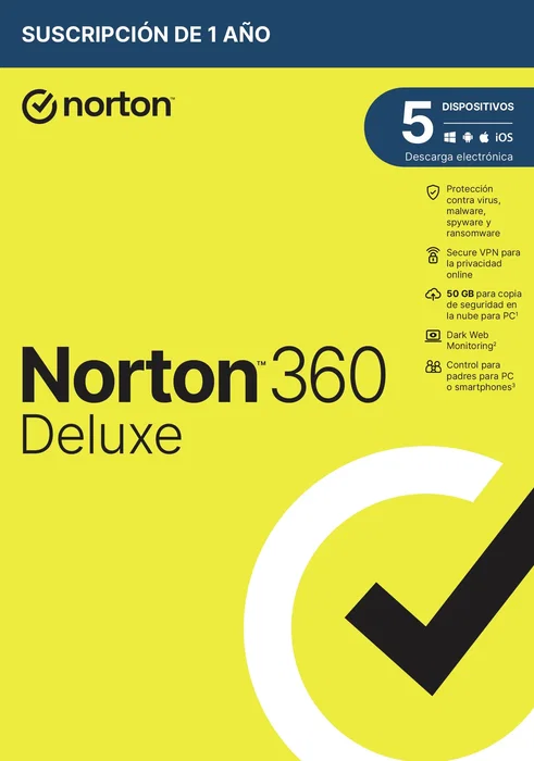Norton 360 Deluxe Antivirus - Licencia 1 Año para 5 Dispositivos - Versión Español en Caja - 50 GB de Backup en la Nube, VPN y Gestor de Contraseñas Norton 360 Deluxe Antivirus - Licencia 1 Año para 5 Dispositivos - Versión Español en Caja - 50 GB de Backup en la Nube, VPN y Gestor de Contraseñas