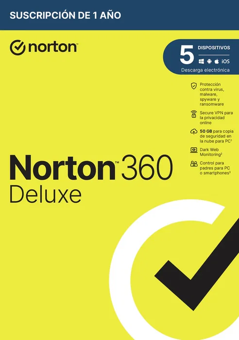 Norton 360 Deluxe Antivirus - Licencia 1 Año para 5 Dispositivos - Versión Español en Caja - 50 GB de Backup en la Nube, VPN y Gestor de Contraseñas Norton 360 Deluxe Antivirus - Licencia 1 Año para 5 Dispositivos - Versión Español en Caja - 50 GB de Backup en la Nube, VPN y Gestor de Contraseñas