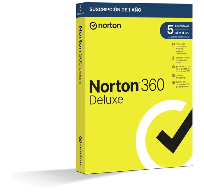 Norton 360 Deluxe Antivirus - Licencia 1 Año para 5 Dispositivos - Versión Español en Caja - 50 GB de Backup en la Nube, VPN y Gestor de Contraseñas Norton 360 Deluxe Antivirus - Licencia 1 Año para 5 Dispositivos - Versión Español en Caja - 50 GB de Backup en la Nube, VPN y Gestor de Contraseñas