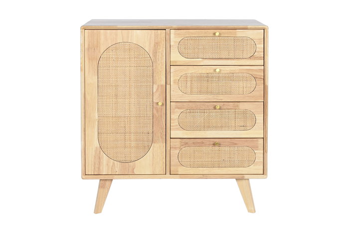 DKD Home Decor Buffet Scandi Rubberwood Ratan Metal Natural 35 x 78 x 73.5 cm con 4 Cajones y 1 Puerta