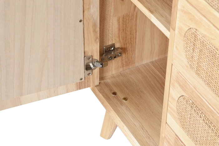 DKD Home Decor Buffet Scandi Rubberwood Ratan Metal Natural 35 x 78 x 73.5 cm con 4 Cajones y 1 Puerta
